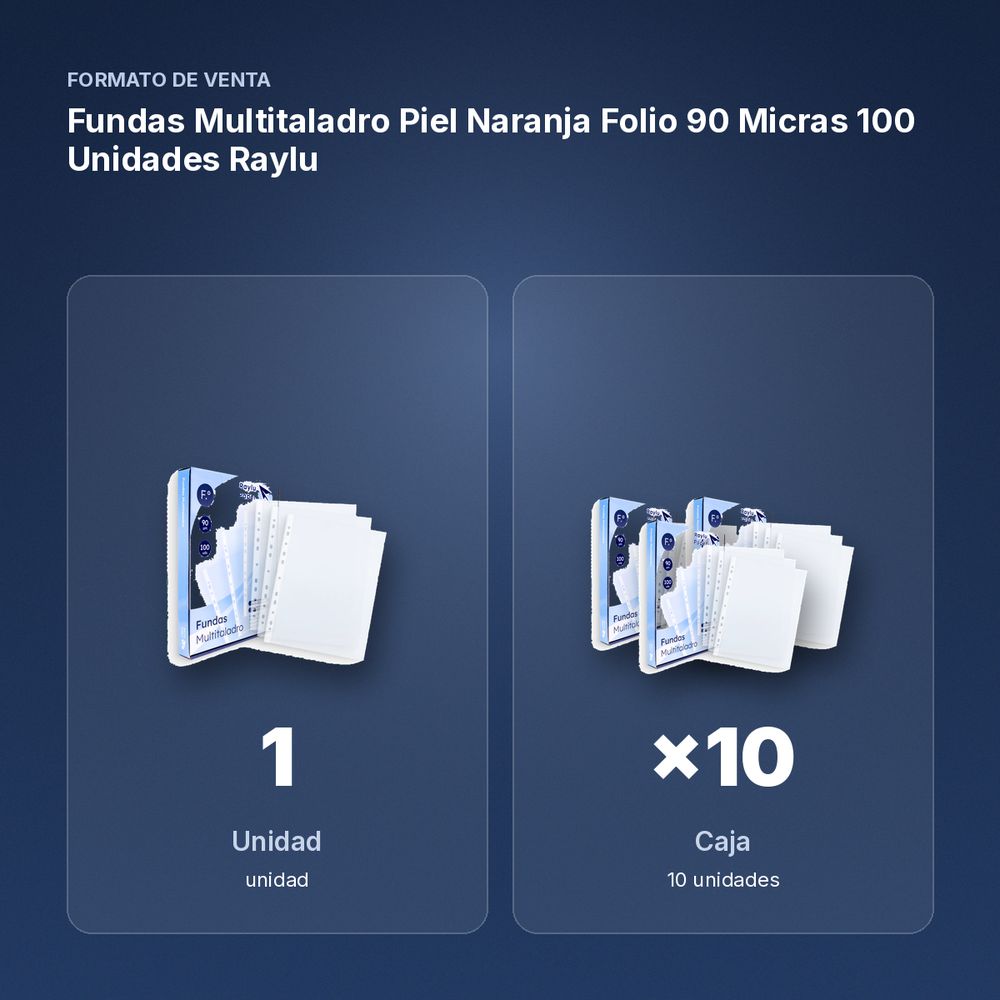 FUNDAS MULTITALADRO PIEL NARANJA FOLIO 90 MICRAS 100 UNIDADES RAYLU  - formato de venta: caja de 10