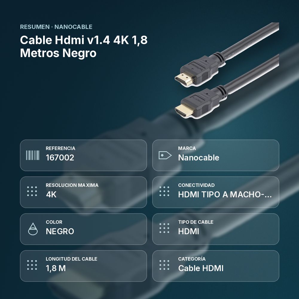 CABLE HDMI V1.4 4K 1,8 METROS NEGRO - resumen de atributos