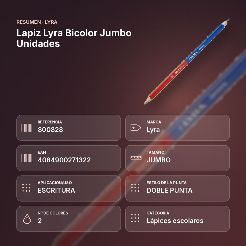 LAPIZ LYRA BICOLOR JUMBO UNIDADES - resumen de atributos
