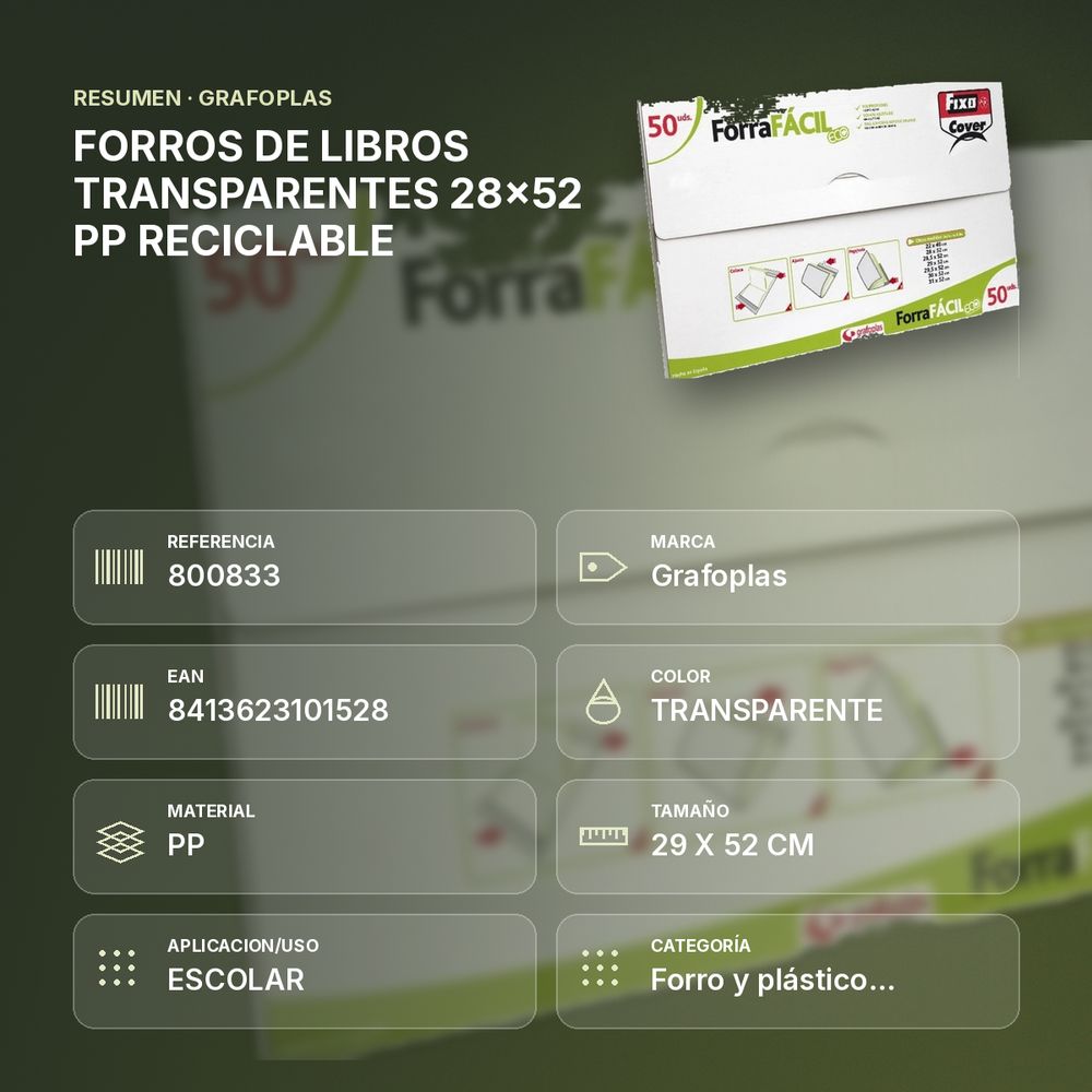 FORROS DE LIBROS TRANSPARENTES 28x52 PP RECICLABLE - resumen de atributos