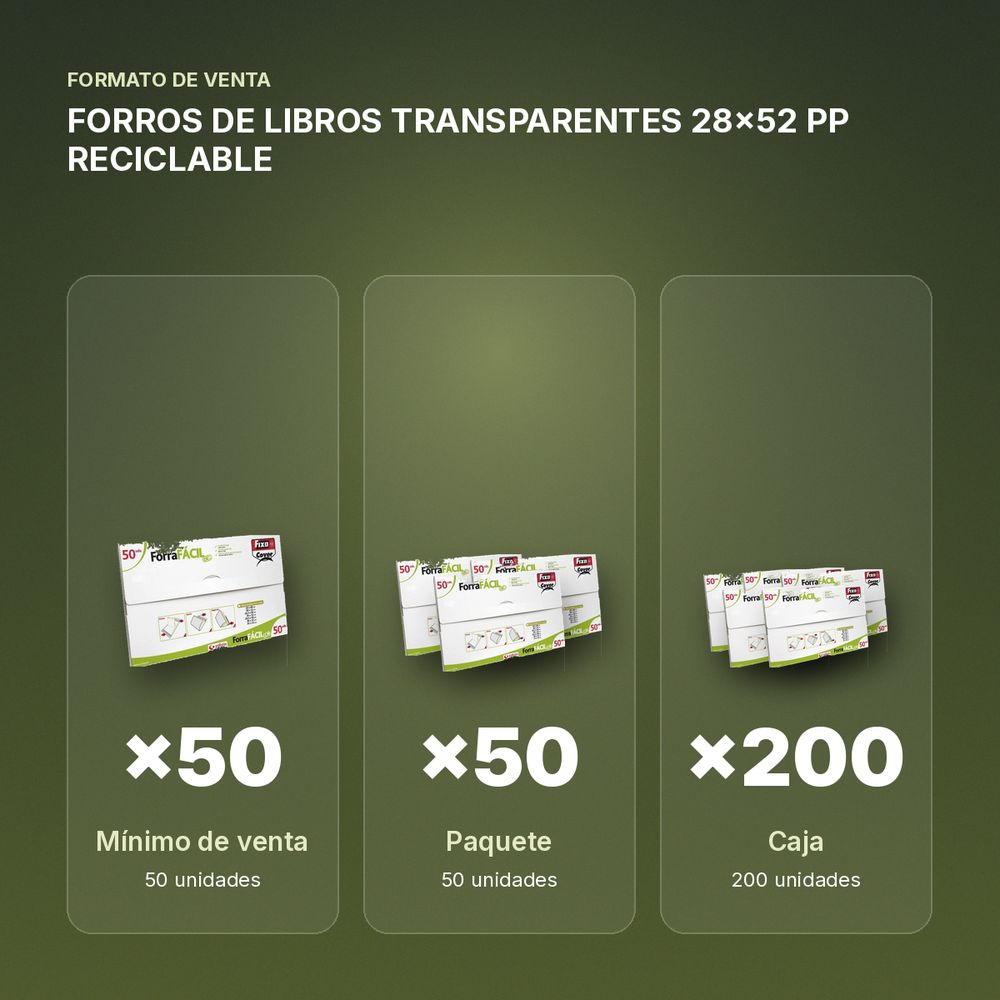 FORROS DE LIBROS TRANSPARENTES 28x52 PP RECICLABLE - formato de venta: paquete de 50, caja de 200