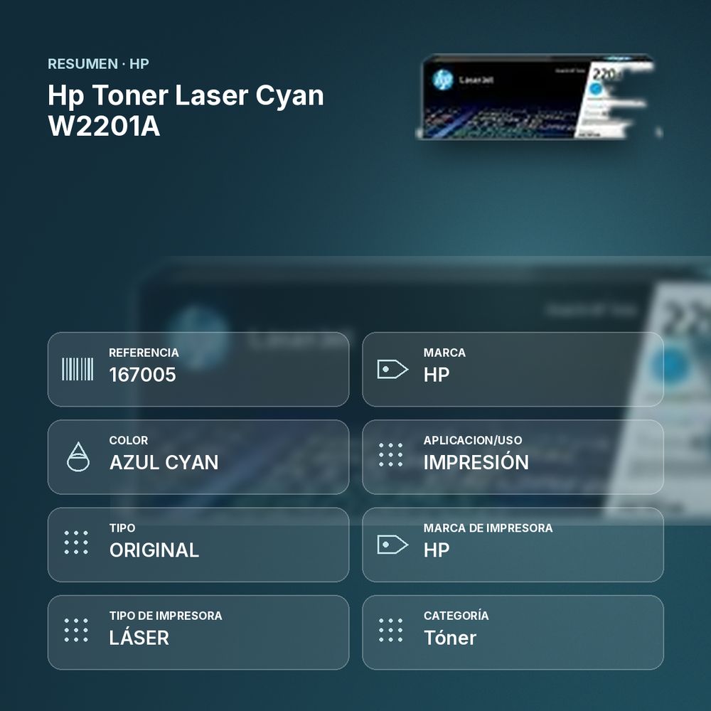 HP TONER LASER CYAN W2201A - resumen de atributos