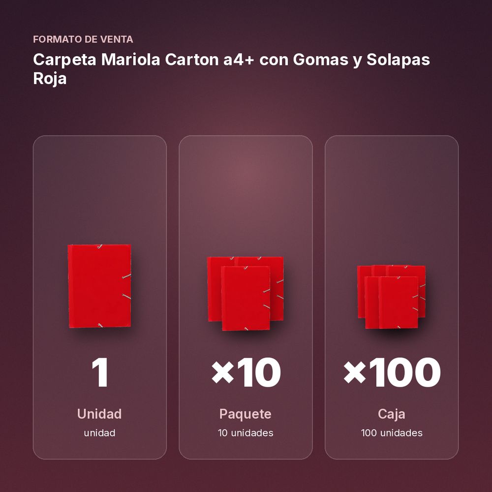 CARPETA MARIOLA CARTON A4+ CON GOMAS Y SOLAPAS ROJA - formato de venta: paquete de 10, caja de 100