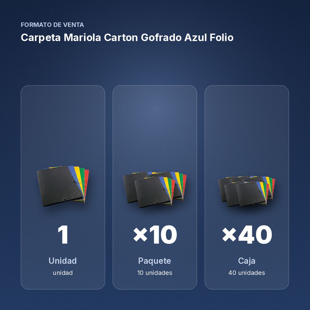 CARPETA MARIOLA CARTON GOFRADO AZUL FOLIO - formato de venta: paquete de 10, caja de 40