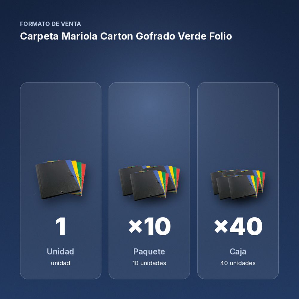 CARPETA MARIOLA CARTON GOFRADO VERDE FOLIO  - formato de venta: paquete de 10, caja de 40