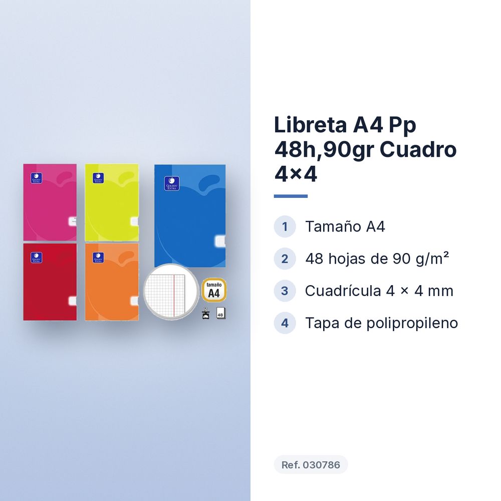 LIBRETA A4 PP 48H,90GR CUADRO 4X4  - características principales