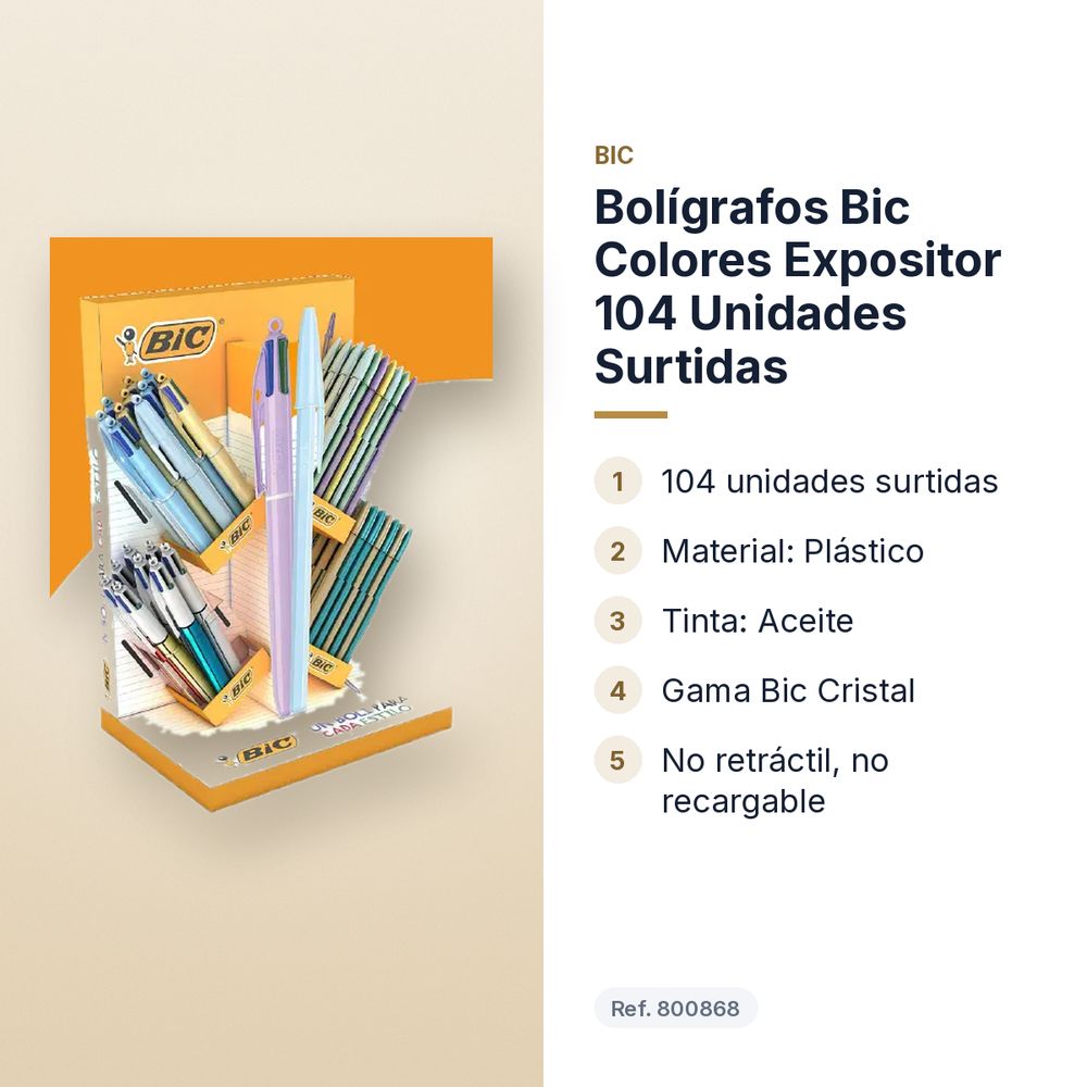 BOLÍGRAFOS BIC COLORES EXPOSITOR 104 UNIDADES SURTIDAS  - características principales