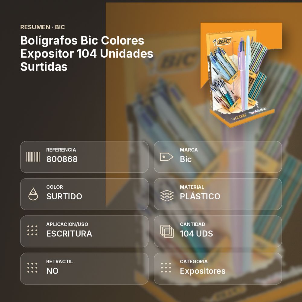 BOLÍGRAFOS BIC COLORES EXPOSITOR 104 UNIDADES SURTIDAS  - resumen de atributos