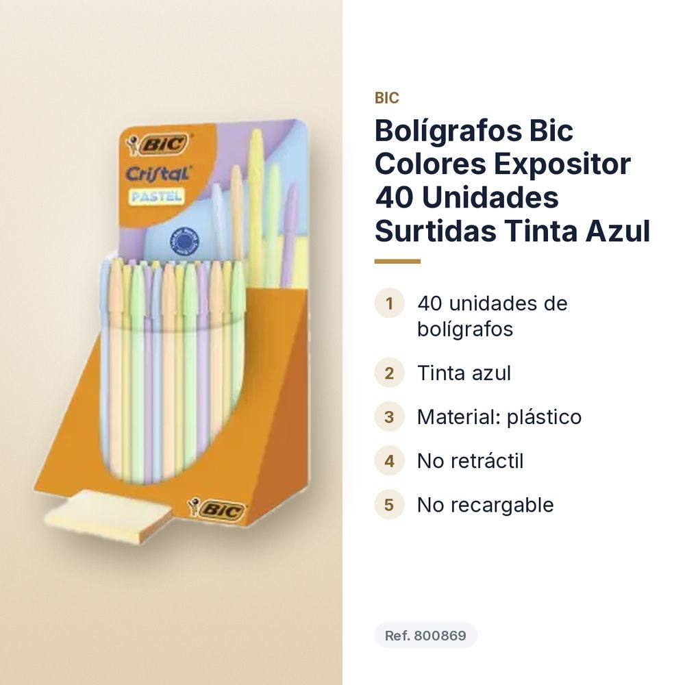 BOLÍGRAFOS BIC COLORES EXPOSITOR 40 UNIDADES SURTIDAS TINTA AZUL - características principales