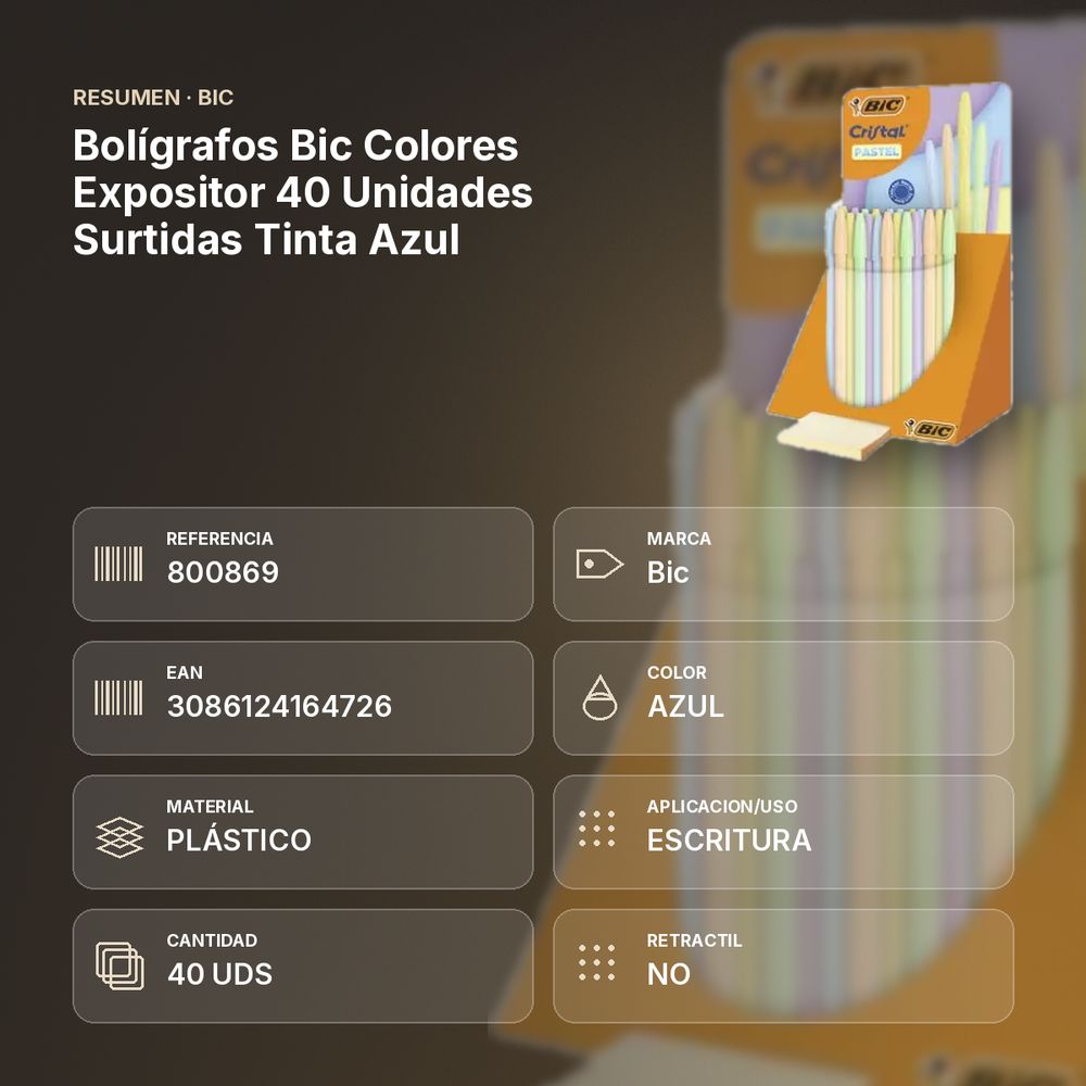 BOLÍGRAFOS BIC COLORES EXPOSITOR 40 UNIDADES SURTIDAS TINTA AZUL - resumen de atributos