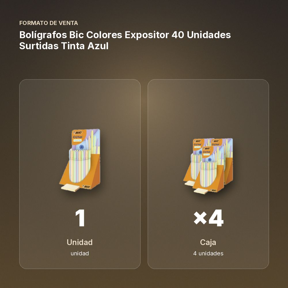 BOLÍGRAFOS BIC COLORES EXPOSITOR 40 UNIDADES SURTIDAS TINTA AZUL - formato de venta: caja de 4