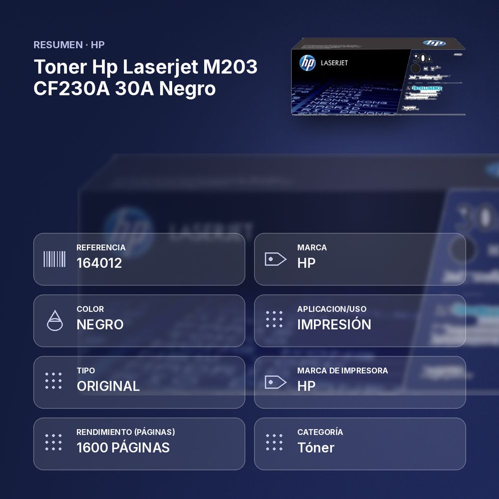 TONER HP LASERJET M203 CF230A 30A NEGRO  - resumen de atributos