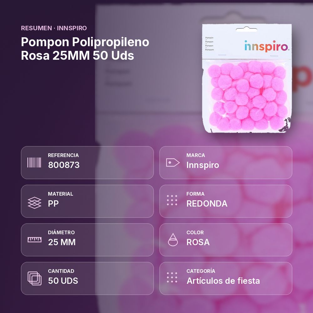 POMPON POLIPROPILENO ROSA 25MM 50 UDS  - resumen de atributos