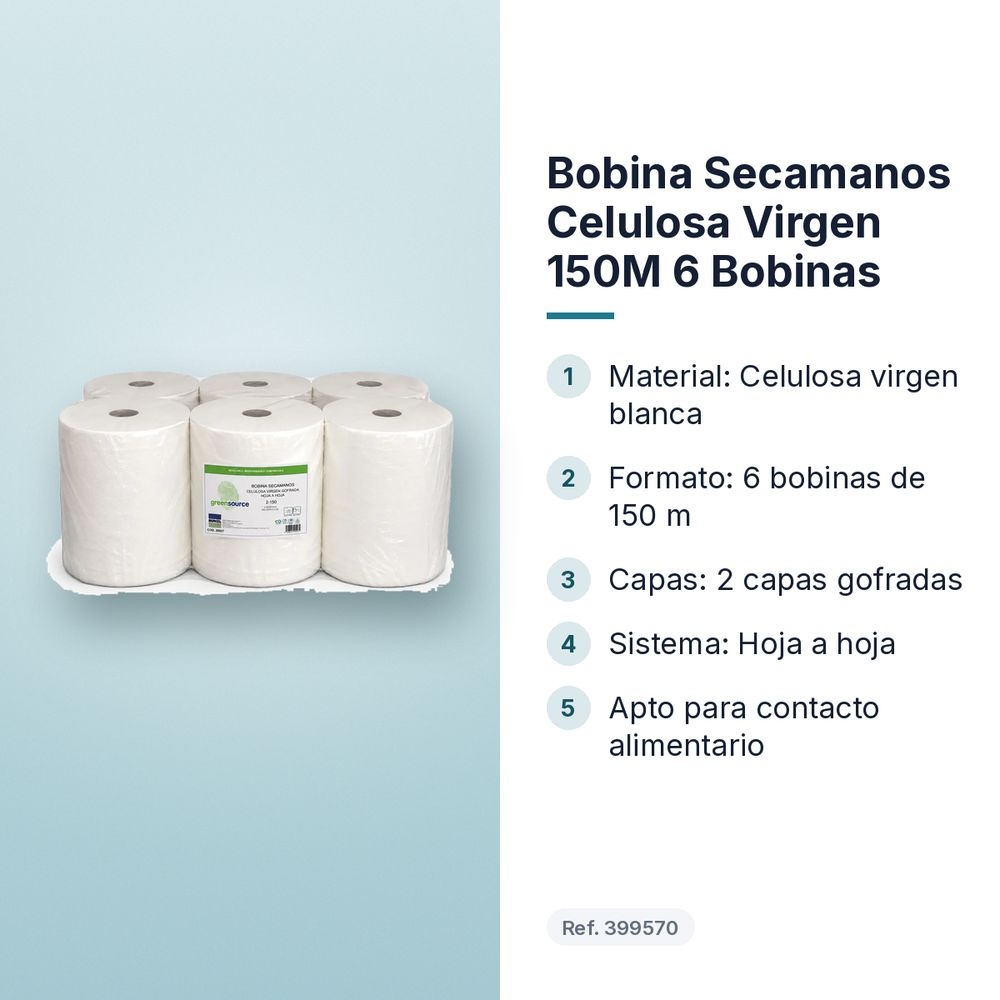 BOBINA SECAMANOS CELULOSA VIRGEN 150M 6 BOBINAS - características principales