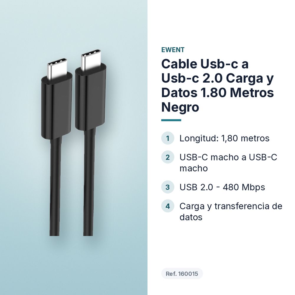 CABLE USB-C A USB-C 2.0 CARGA Y DATOS 1.80 METROS NEGRO - características principales