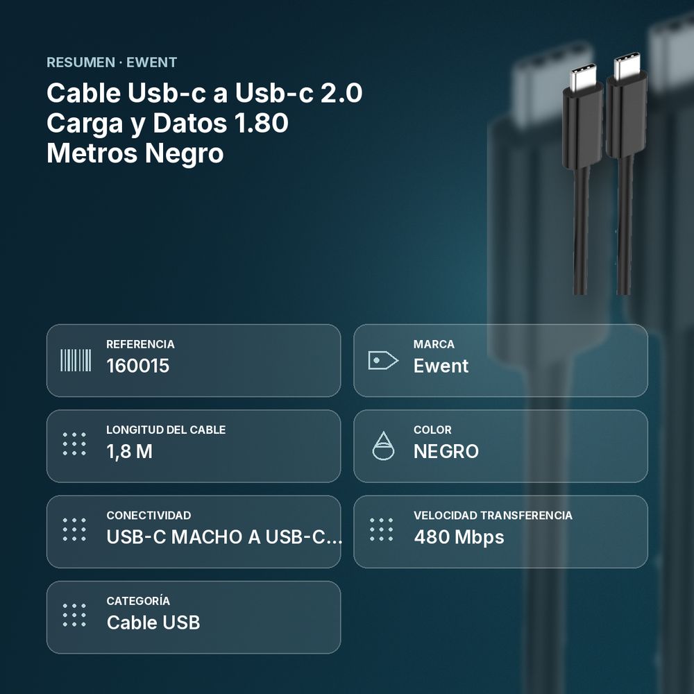 CABLE USB-C A USB-C 2.0 CARGA Y DATOS 1.80 METROS NEGRO - resumen de atributos