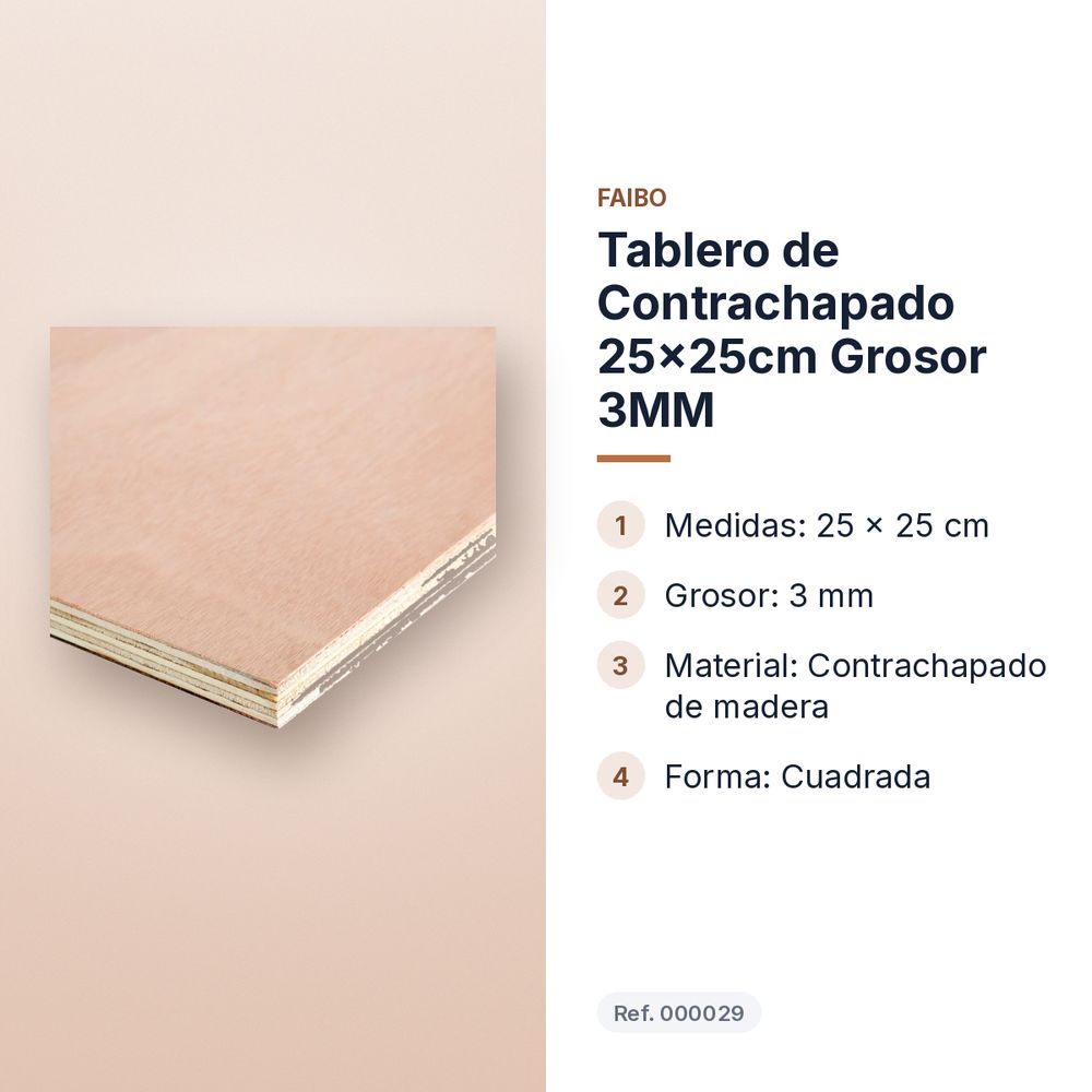 TABLERO DE CONTRACHAPADO 25X25CM GROSOR 3MM  - características principales