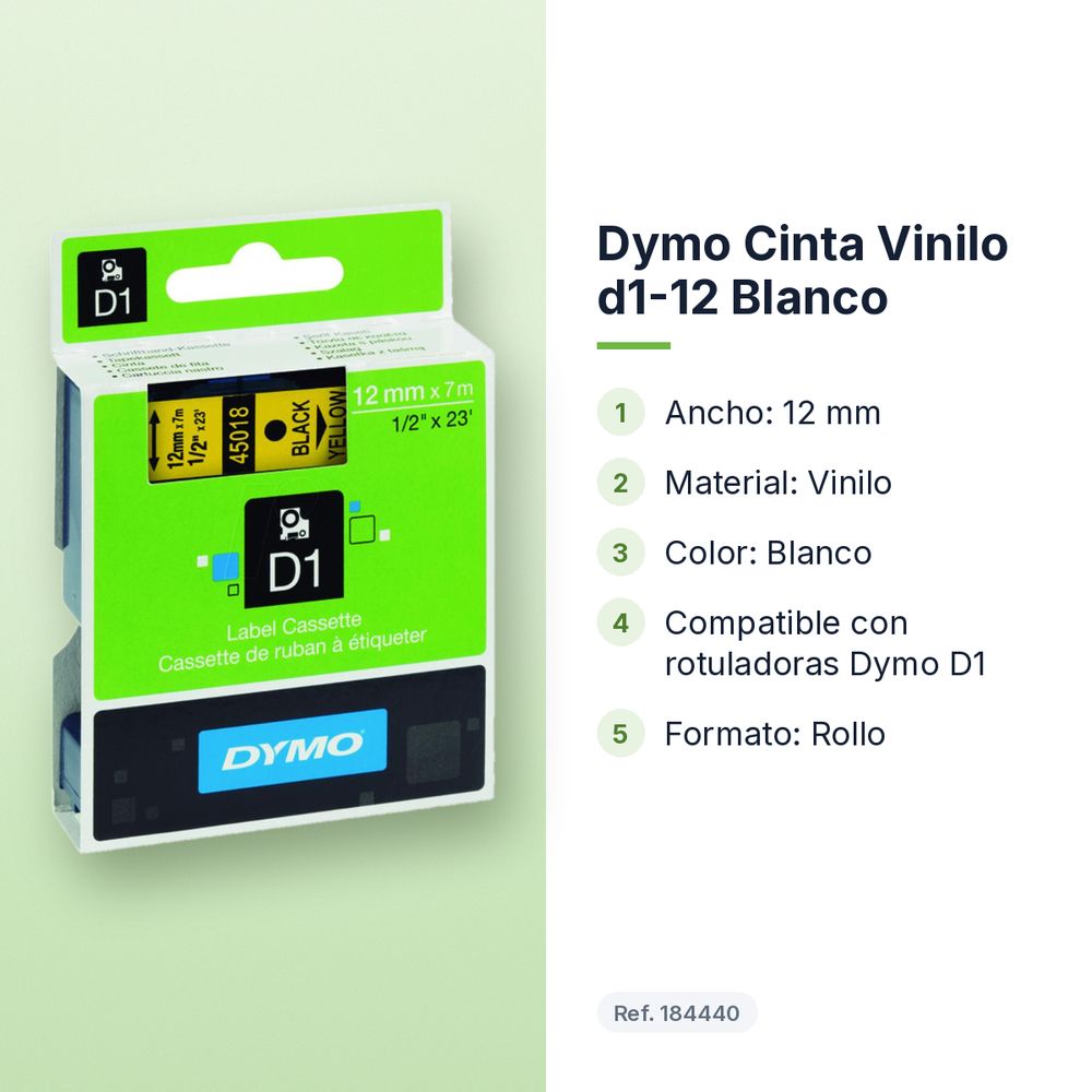 DYMO CINTA VINILO D1-12 BLANCO  - características principales
