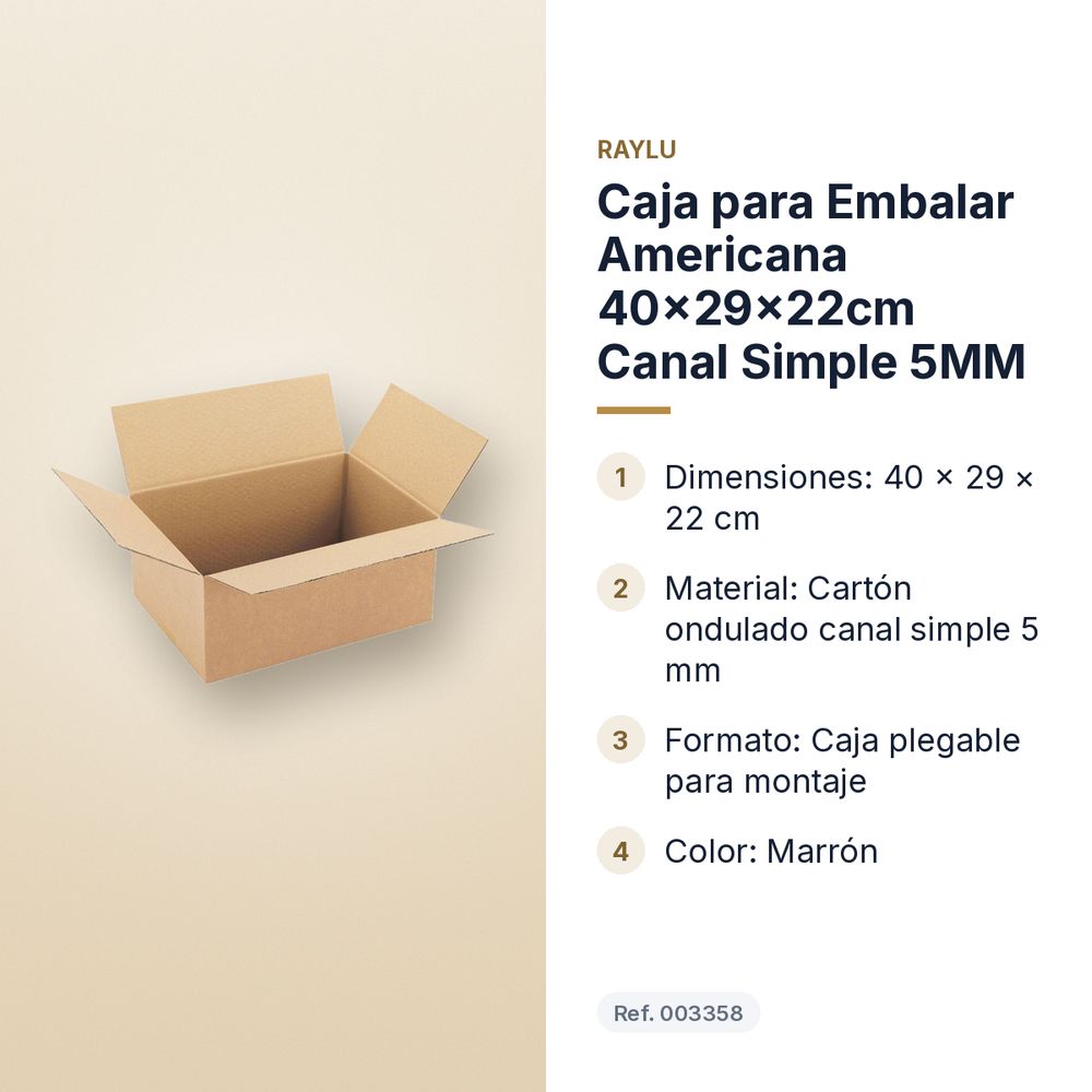 CAJA PARA EMBALAR AMERICANA 40×29×22CM CANAL SIMPLE 5MM - características principales