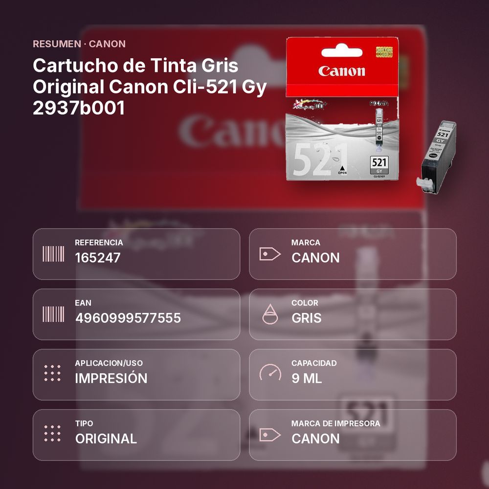 CARTUCHO DE TINTA GRIS ORIGINAL CANON CLI-521 GY 2937B001 - resumen de atributos