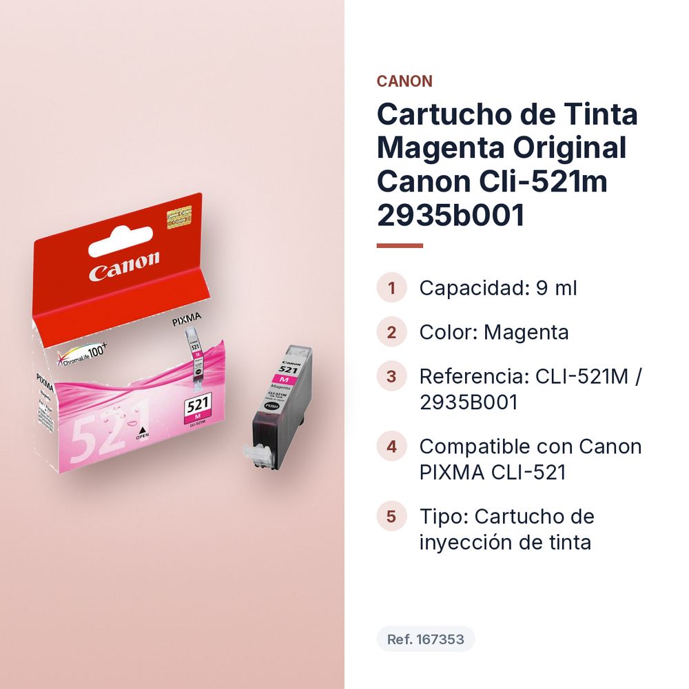 CARTUCHO DE TINTA MAGENTA ORIGINAL CANON CLI-521M 2935B001 - características principales