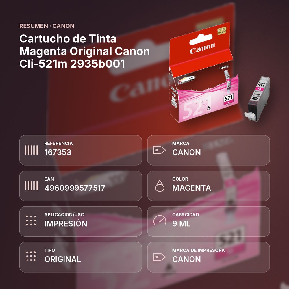 CARTUCHO DE TINTA MAGENTA ORIGINAL CANON CLI-521M 2935B001 - resumen de atributos