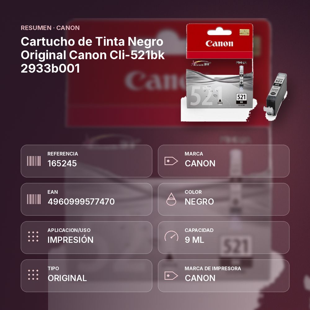 CARTUCHO DE TINTA NEGRO ORIGINAL CANON CLI-521BK 2933B001 - resumen de atributos