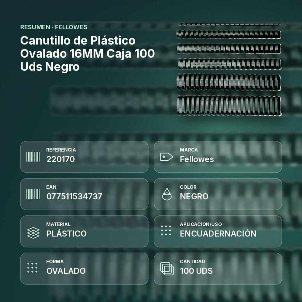 CANUTILLO DE PLÁSTICO OVALADO 16MM CAJA 100 UDS NEGRO - resumen de atributos