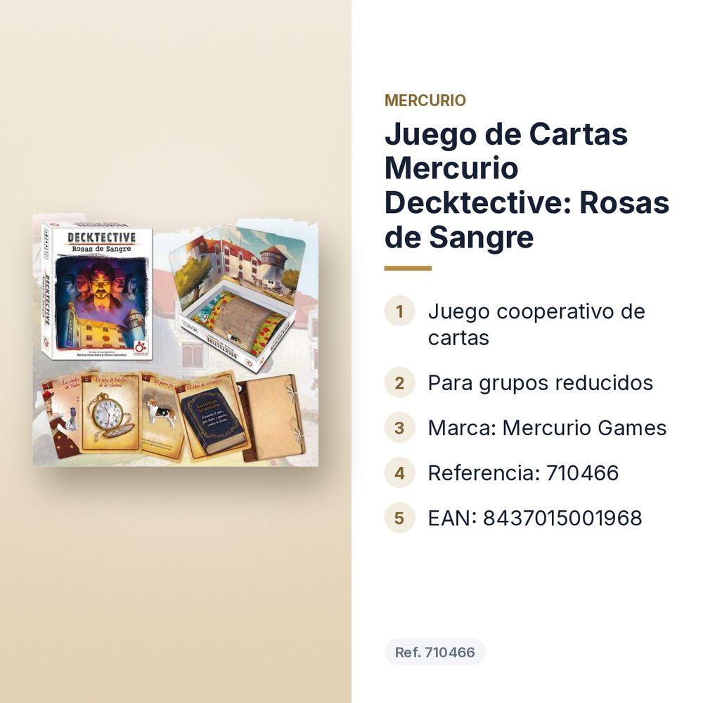 JUEGO DE CARTAS MERCURIO DECKTECTIVE: ROSAS DE SANGRE - características principales