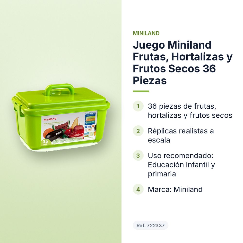 JUEGO MINILAND FRUTAS, HORTALIZAS Y FRUTOS SECOS 36 PIEZAS - características principales