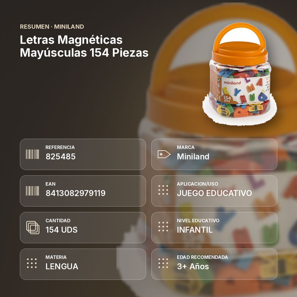 LETRAS MAGNÉTICAS MAYÚSCULAS 154 PIEZAS - resumen de atributos