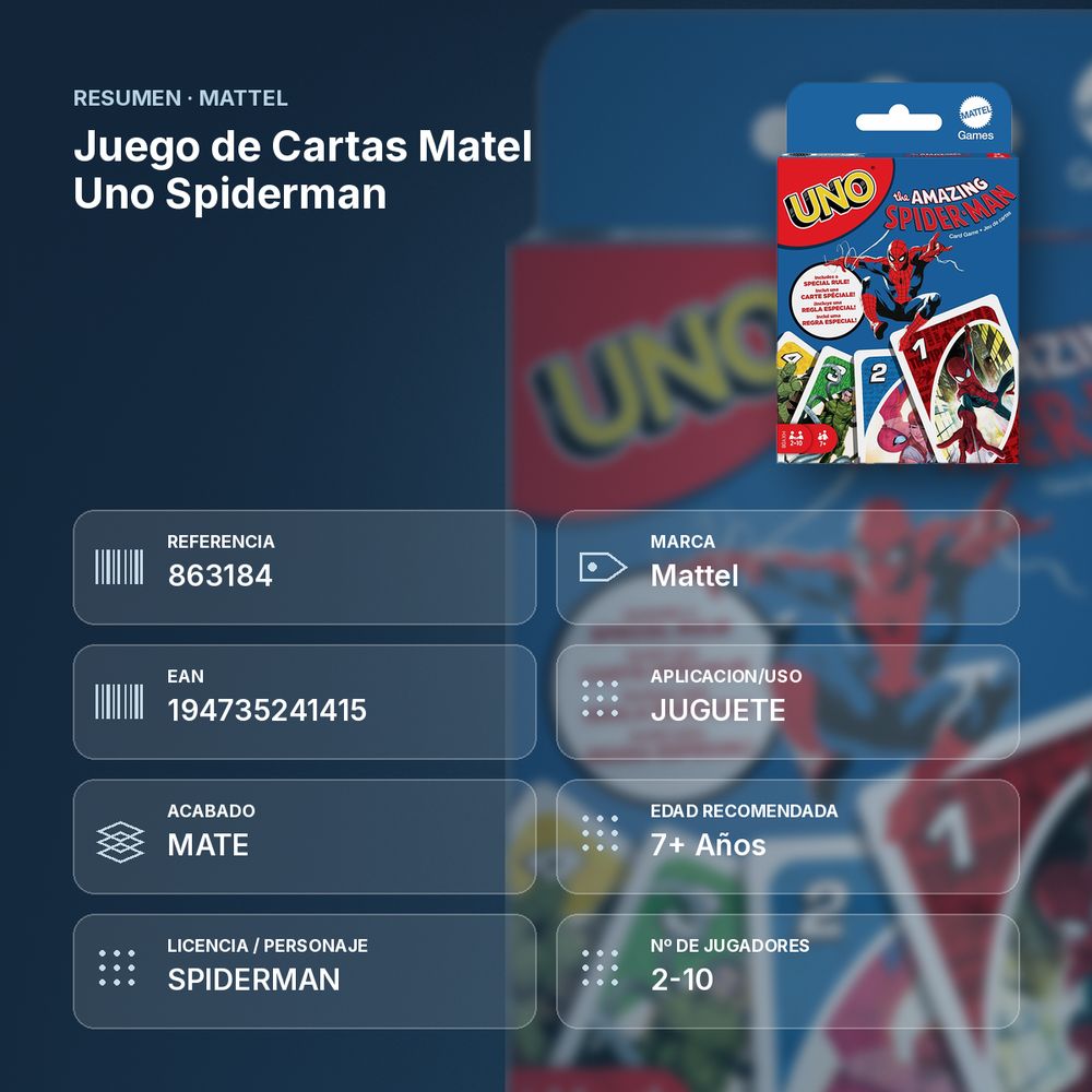 JUEGO DE CARTAS MATEL UNO SPIDERMAN - resumen de atributos