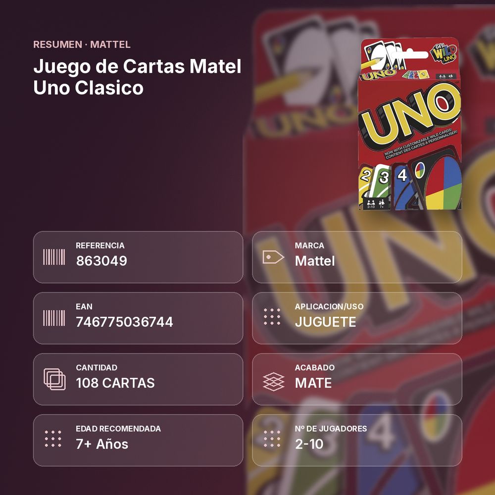 JUEGO DE CARTAS MATEL UNO CLASICO - resumen de atributos