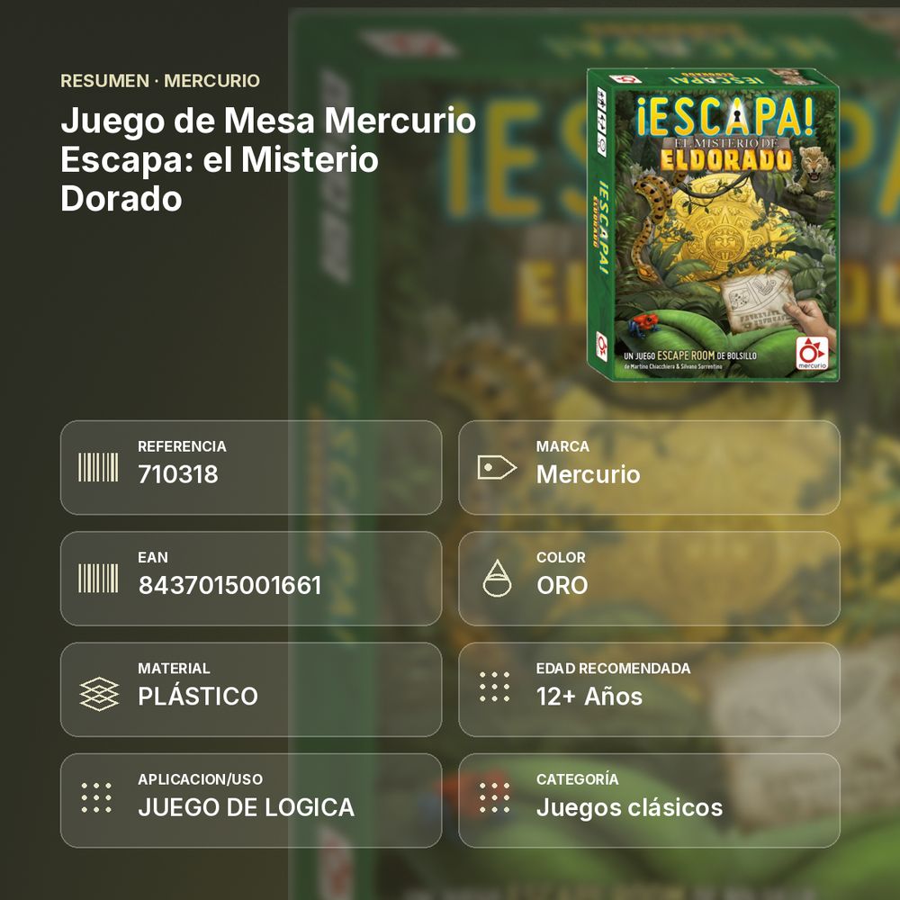 JUEGO DE MESA MERCURIO ESCAPA: EL MISTERIO DORADO - resumen de atributos