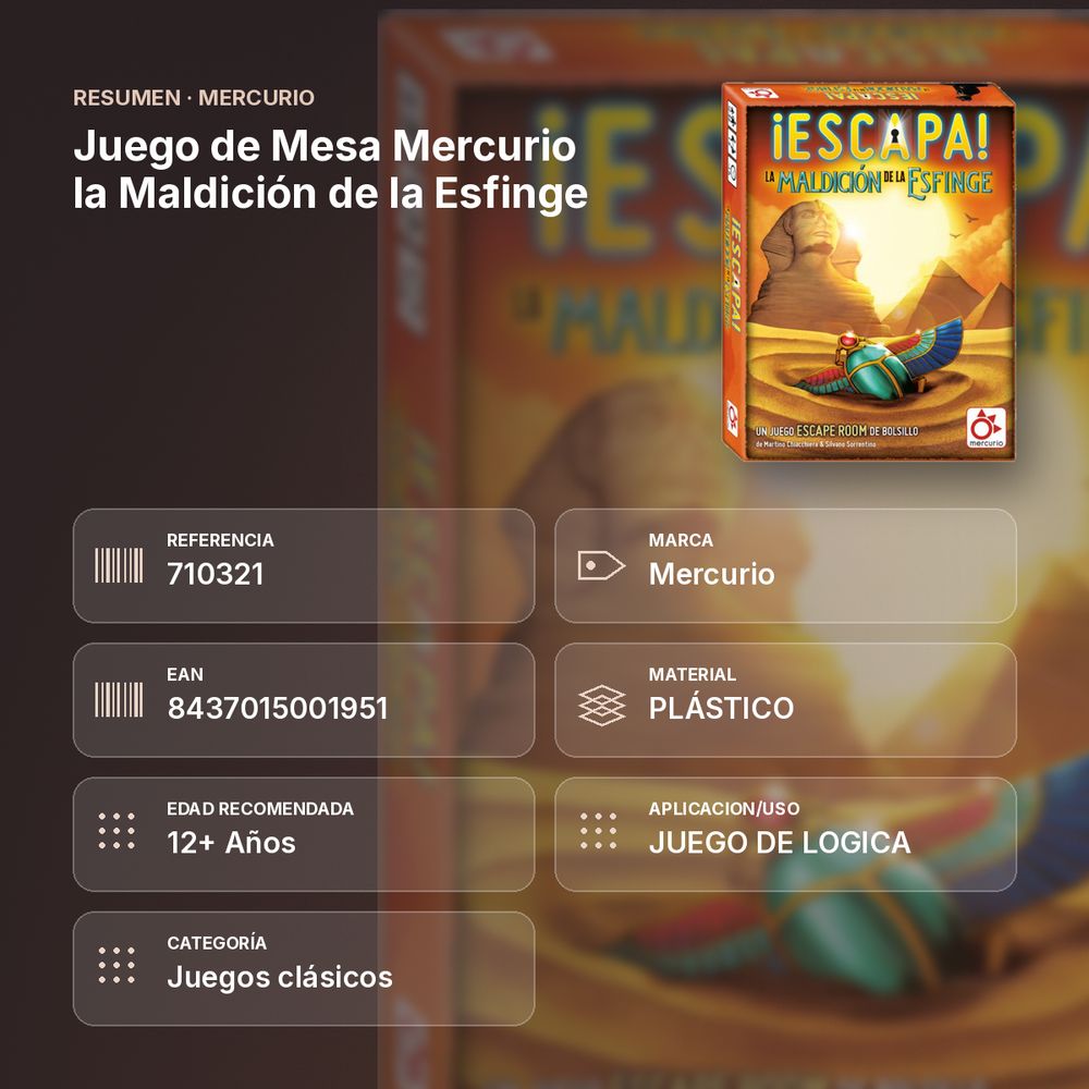 JUEGO DE MESA MERCURIO LA MALDICIÓN DE LA ESFINGE - resumen de atributos