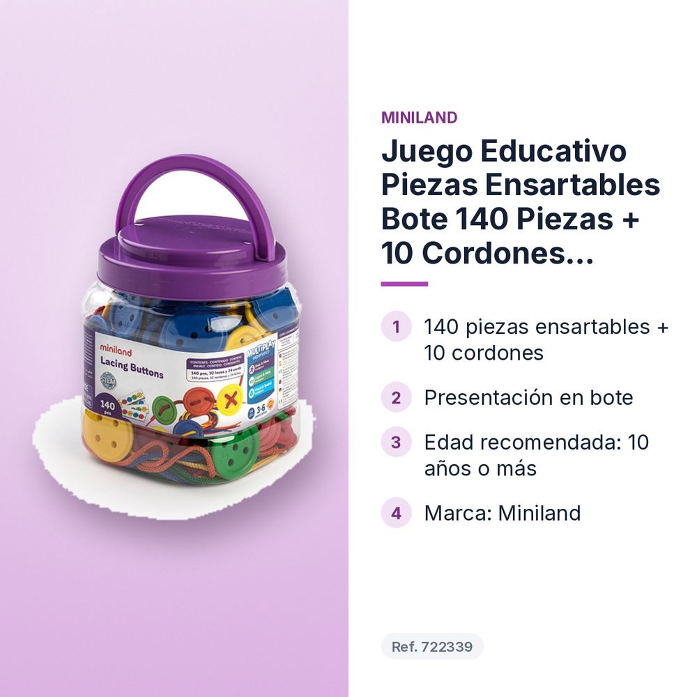 JUEGO EDUCATIVO PIEZAS ENSARTABLES BOTE 140 PIEZAS + 10 CORDONES MINILAND - características principales