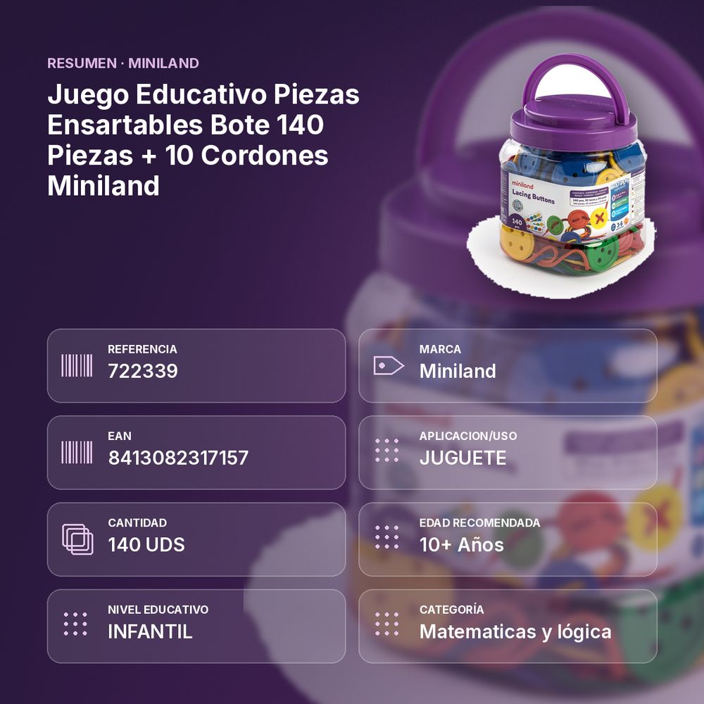 JUEGO EDUCATIVO PIEZAS ENSARTABLES BOTE 140 PIEZAS + 10 CORDONES MINILAND - resumen de atributos