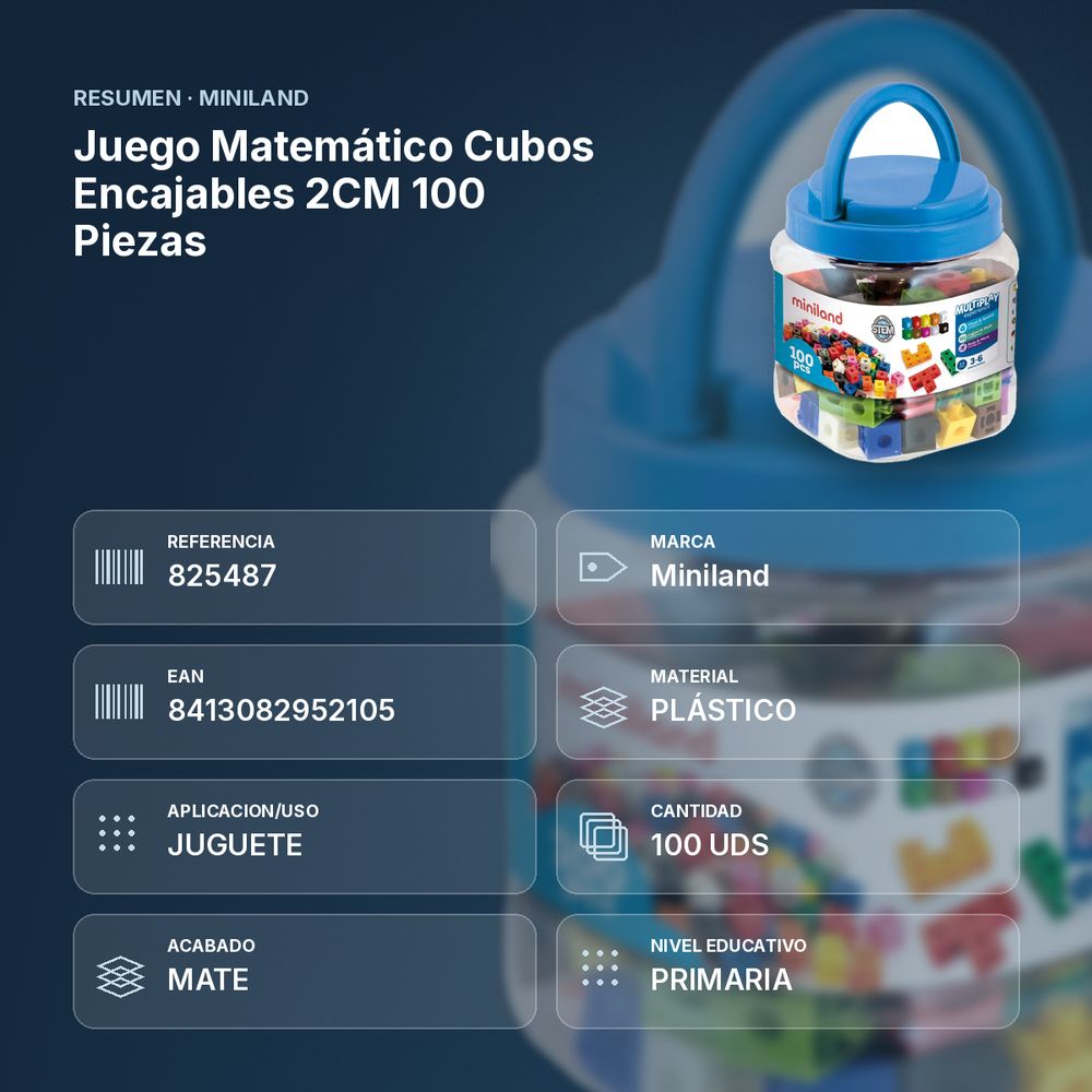 JUEGO MATEMÁTICO CUBOS ENCAJABLES 2CM 100 PIEZAS - resumen de atributos