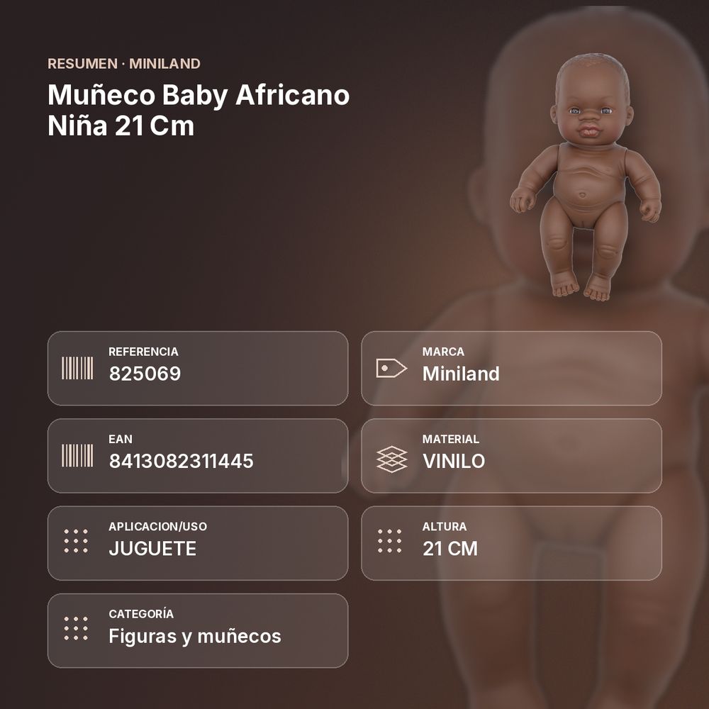 MUÑECO BABY AFRICANO NIÑA 21 CM  - resumen de atributos