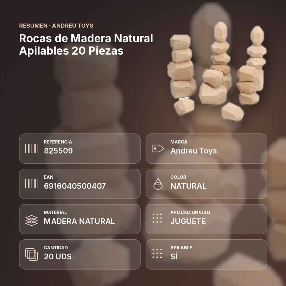 ROCAS DE MADERA NATURAL APILABLES 20 PIEZAS - resumen de atributos