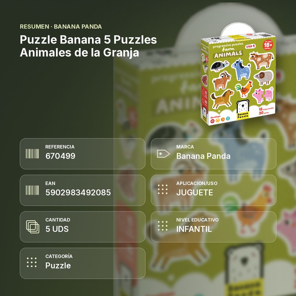 PUZZLE BANANA 5 PUZZLES ANIMALES DE LA GRANJA - resumen de atributos