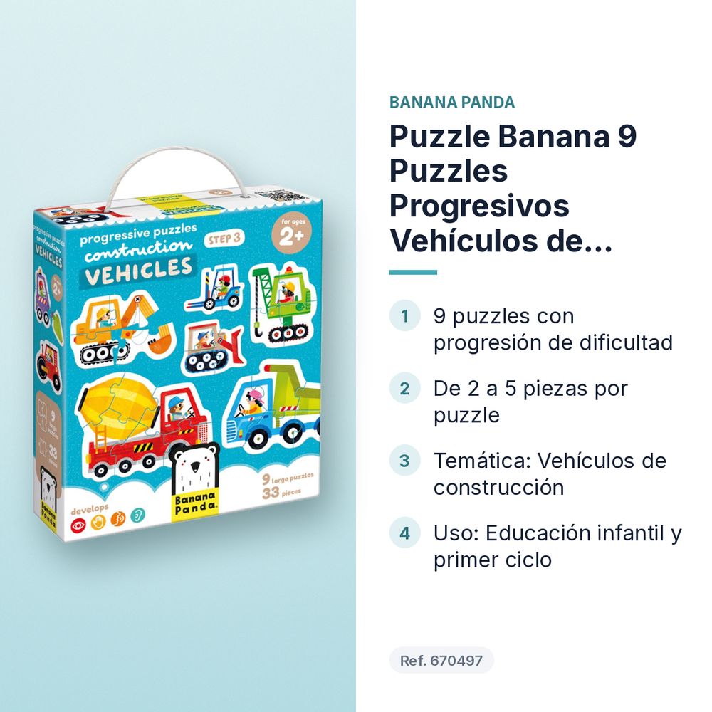 PUZZLE BANANA 9 PUZZLES PROGRESIVOS VEHÍCULOS DE CONSTRUCCIÓN - características principales