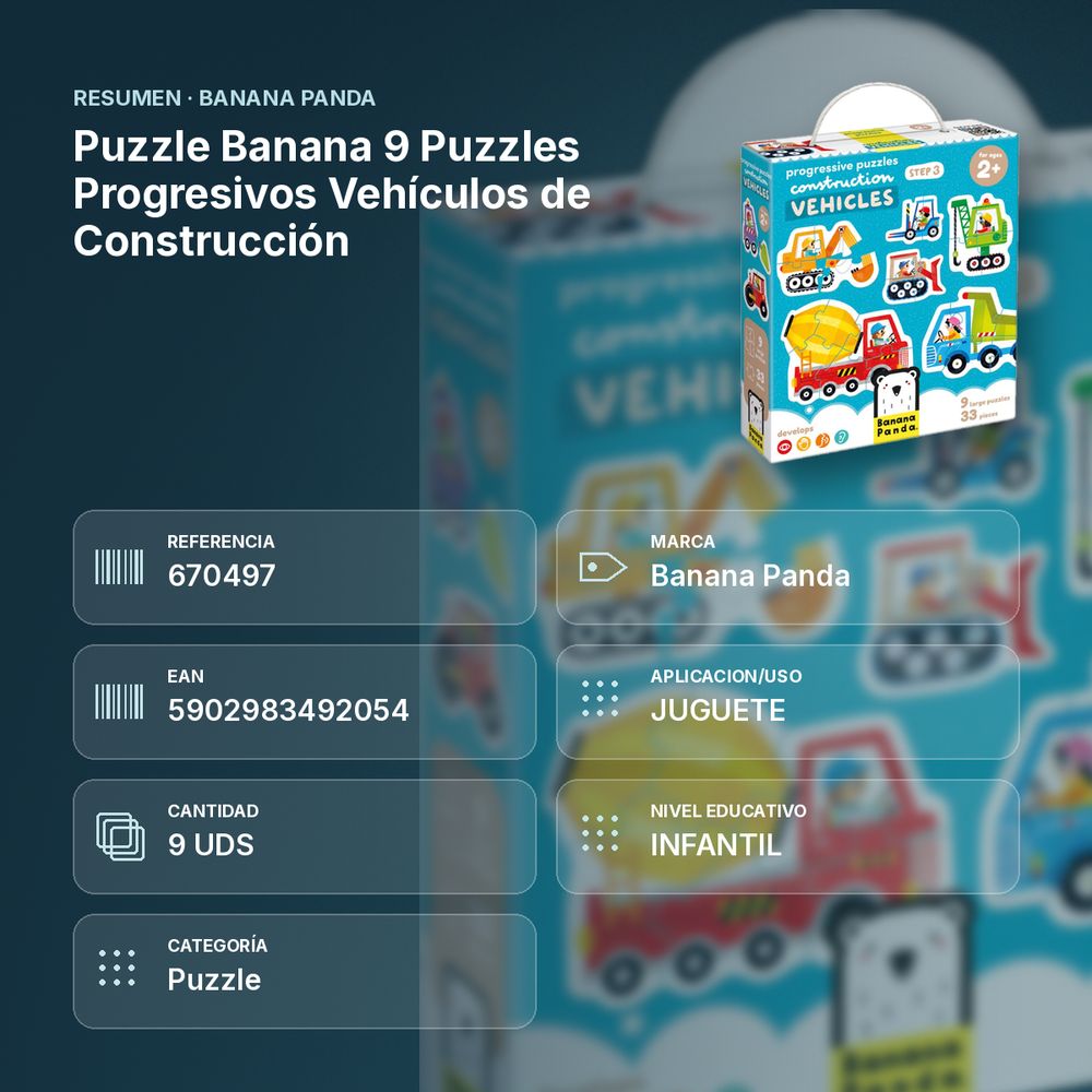 PUZZLE BANANA 9 PUZZLES PROGRESIVOS VEHÍCULOS DE CONSTRUCCIÓN - resumen de atributos