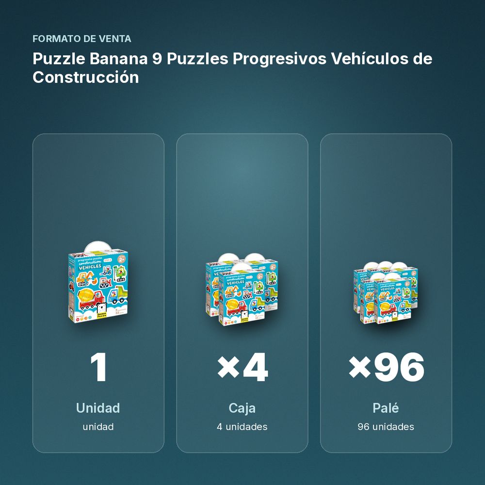 PUZZLE BANANA 9 PUZZLES PROGRESIVOS VEHÍCULOS DE CONSTRUCCIÓN - formato de venta: caja de 4, palé de 96