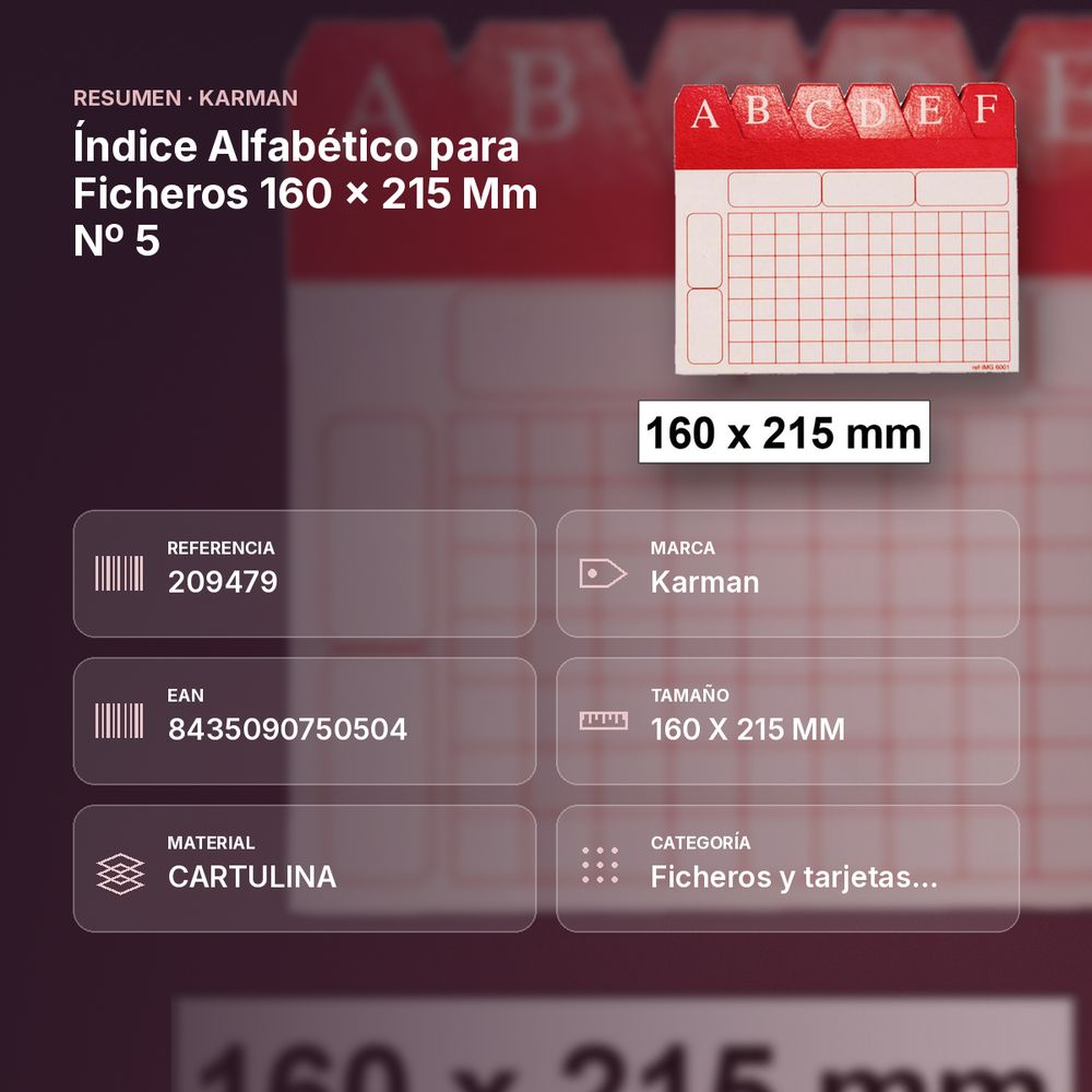 ÍNDICE ALFABÉTICO PARA FICHEROS 160 X 215 MM Nº 5 - resumen de atributos