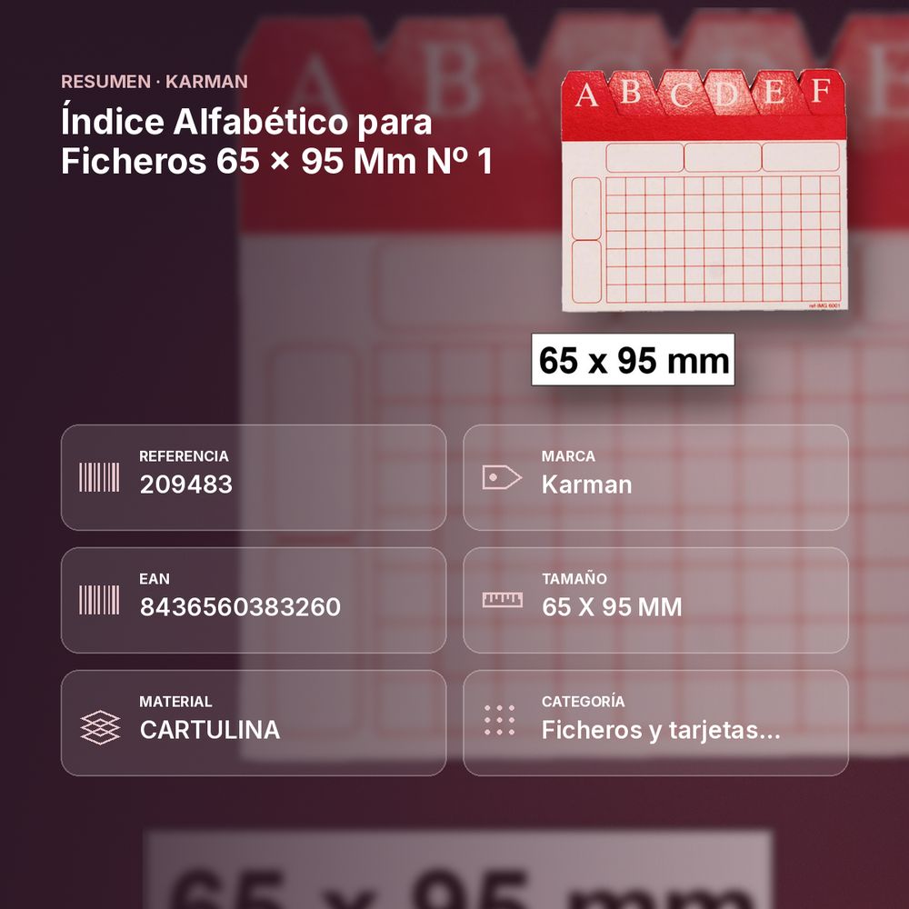 ÍNDICE ALFABÉTICO PARA FICHEROS 65 X 95 MM Nº 1 - resumen de atributos