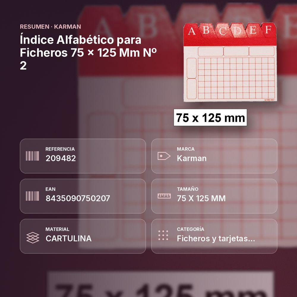 ÍNDICE ALFABÉTICO PARA FICHEROS 75 X 125 MM Nº 2 - resumen de atributos