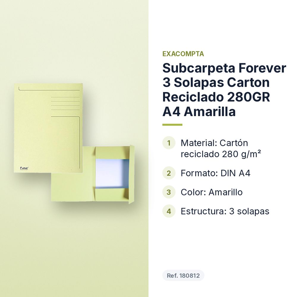 SUBCARPETA FOREVER 3 SOLAPAS CARTON RECICLADO 280GR A4 AMARILLA  - características principales