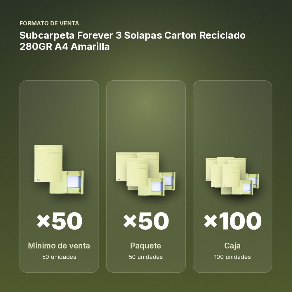 SUBCARPETA FOREVER 3 SOLAPAS CARTON RECICLADO 280GR A4 AMARILLA  - formato de venta: paquete de 50, caja de 100