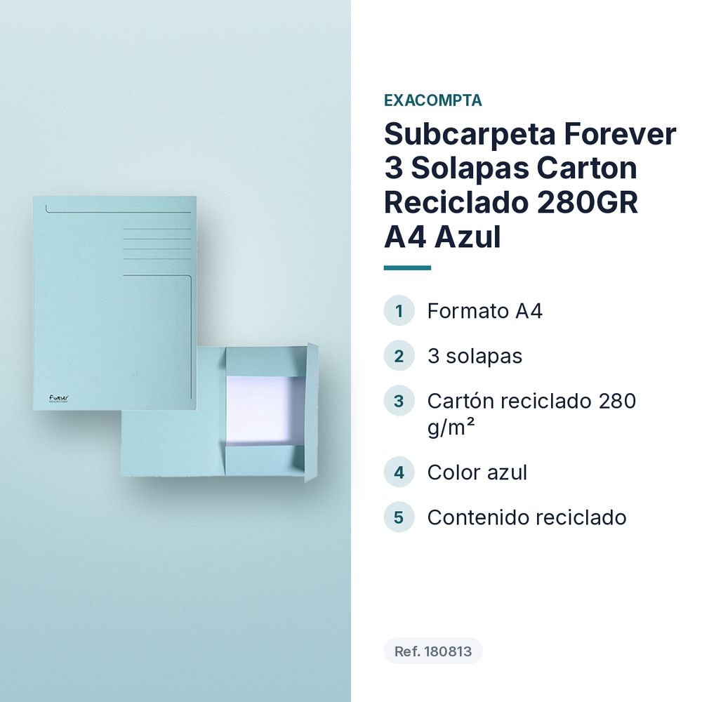 SUBCARPETA FOREVER 3 SOLAPAS CARTON RECICLADO 280GR A4 AZUL - características principales